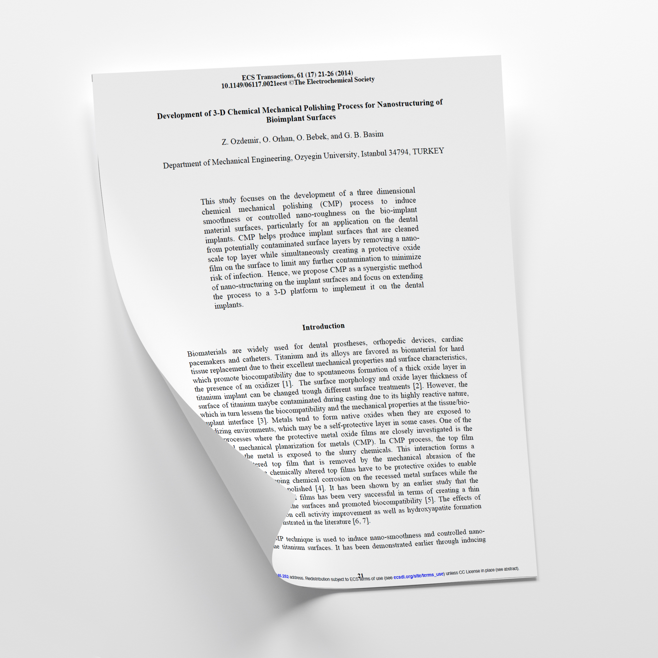 Development of 3-D Chemical Mechanical Polishing Process for Nanostructuring of Bioimplant Surfaces