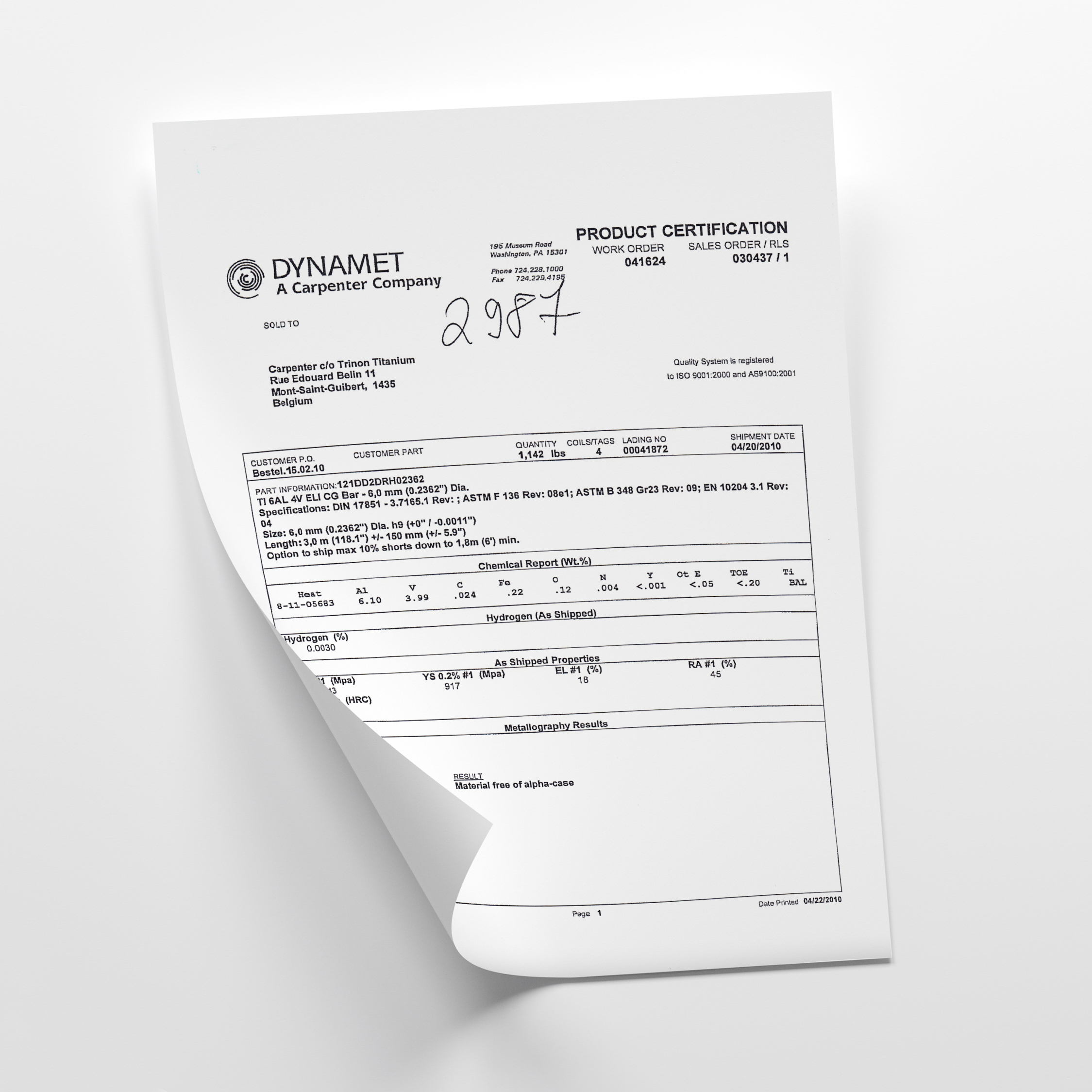 Dynamet A Carpenter Company Product Certification